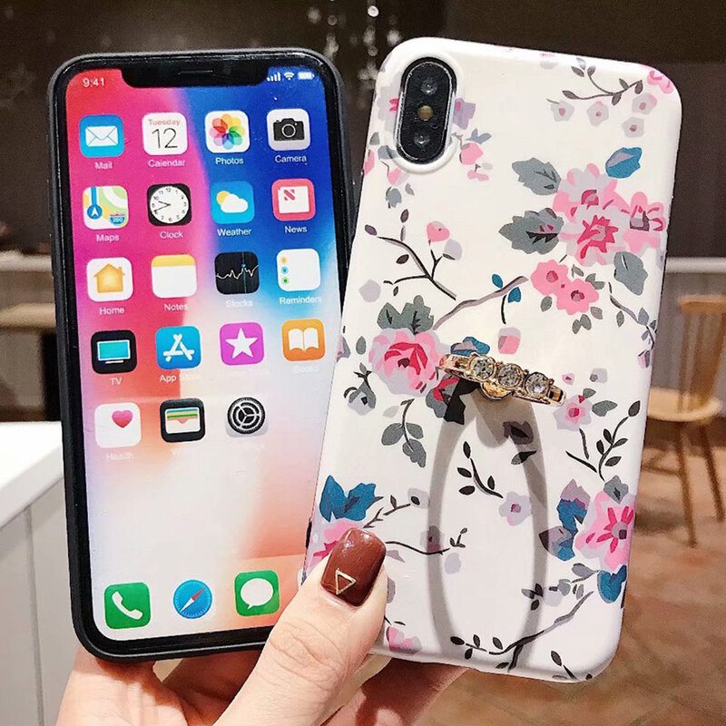 With Finger Ring Kickstand Floral Case For iPhone 8 Case XS MAX XR X 6 6S 8 7 Plus IMD Soft Silicon Phone Back Cover Case Coque