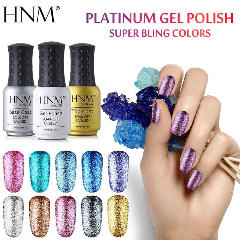 HNM 8ML platinado con brillo esmalte de uñas de Gel UV LED laca esmalte Semi permanente para Gel de uñas arte de Gelpolish capa superior para Base