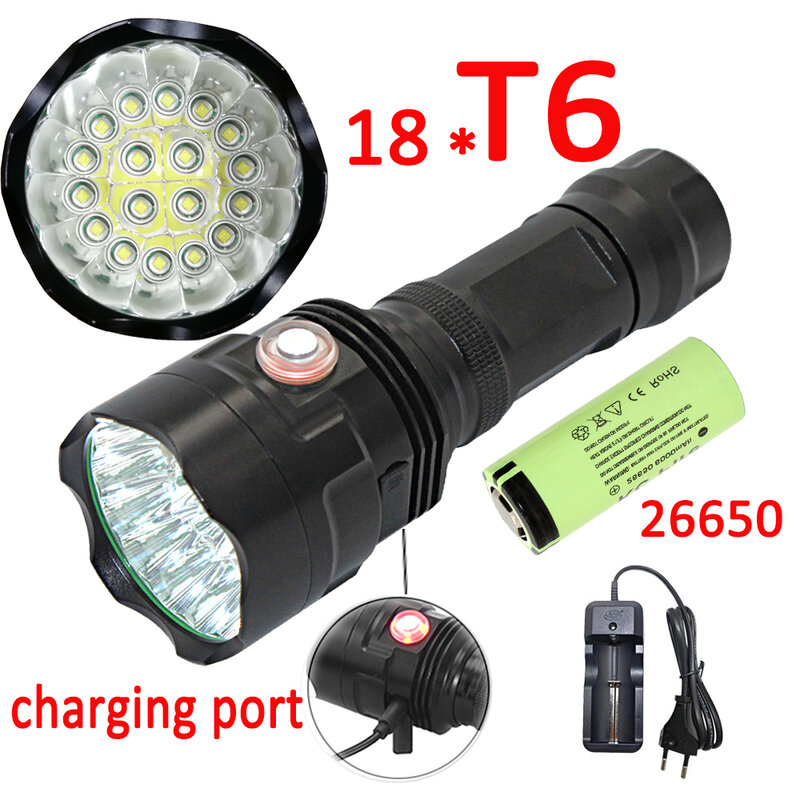 Linterna LED recargable por USB 18x XML T6, 20000LM, potente linterna para camping + batería 26650 + cargador