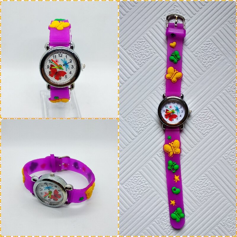 Relógio infantil de quartzo com mostrador de borboleta, relógio casual de silicone com pulseira para presente para meninas