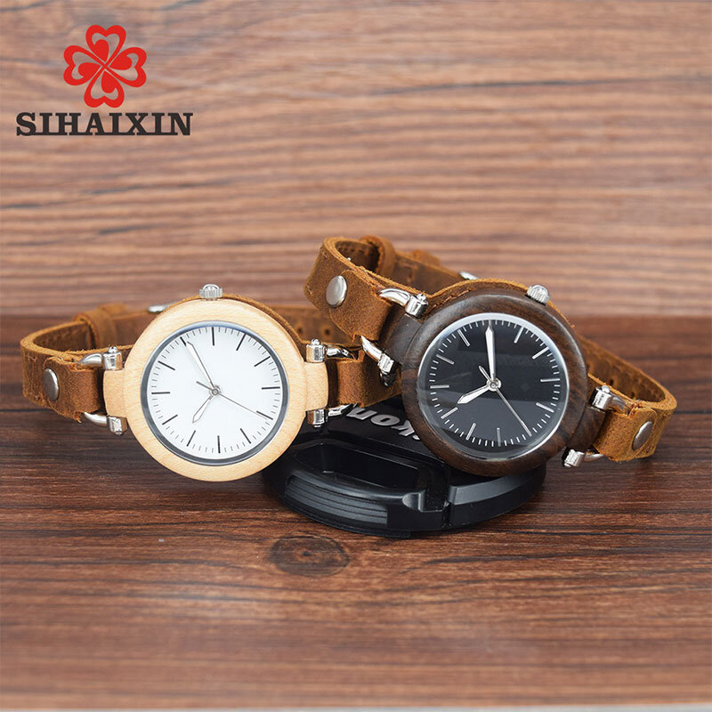 Relógio de pulso luxuoso feminino branco, de madeira e bambu, pulseira de couro macio, relógio de quartzo para mulheres com caixa de presente