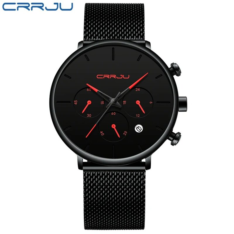 Top luksusowa marka CRRJU mężczyźni oglądać prosty stylowy Chronograph zegarek kwarcowy Mesh zegarek minimalistyczny wodoodporny 24 godziny zegar z kalendarzem