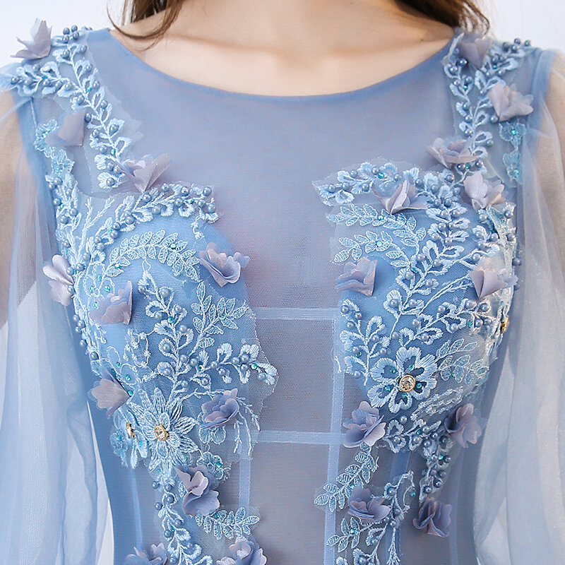 Robe De bal bleue à manches longues, 16 pièces, avec des Appliques De fleurs