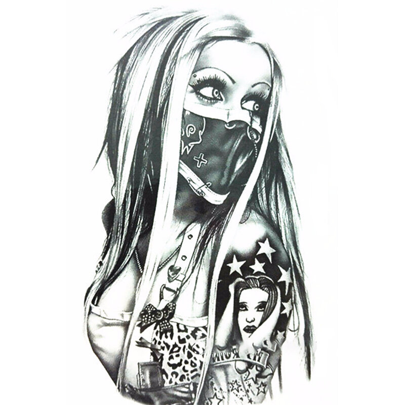 Tatuaje de chica con máscara, tatuaje temporal impermeable, 21x15cm