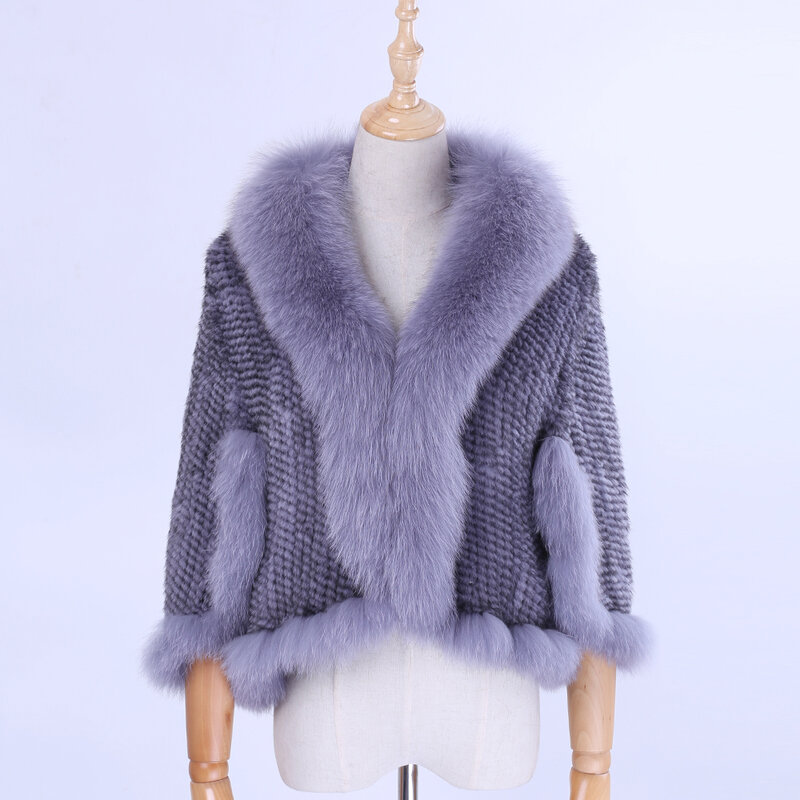 Luxury New Genuine Knitted Mink Fur Shawl Wrap Cape with Fox fur collar Triming women Lady mink fur coat Jacket Stole Amice