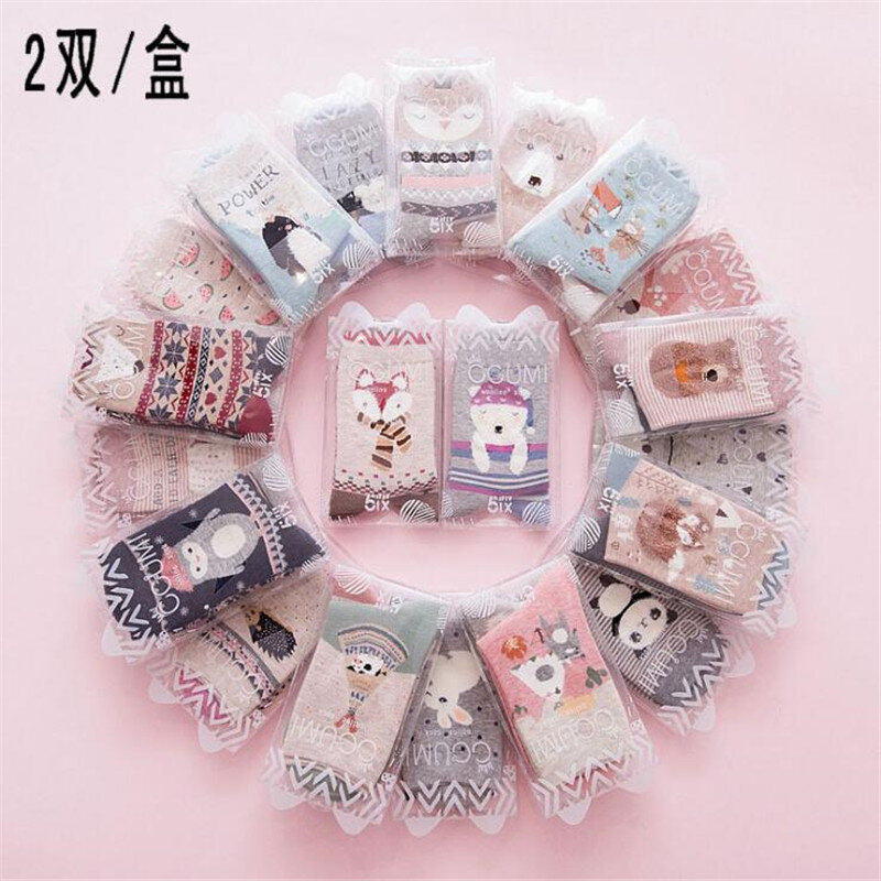 Calcetines tobilleros de algodón con dibujos animados para mujer, medias cálidas de estilo Kawaii, para invierno, 2 pares