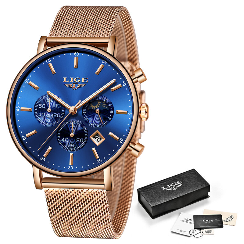 LIGE-Reloj de pulsera de cuarzo para mujer, accesorio de marca superior a la moda, de lujo, oro rosa, azul, informal, regalo