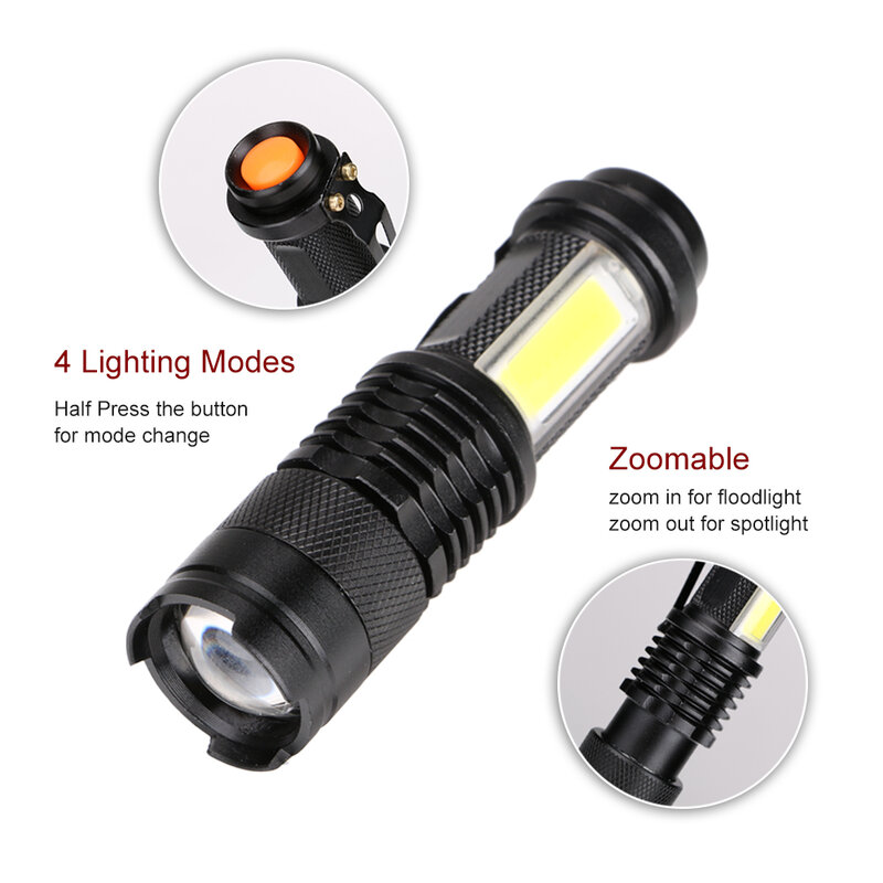 Mini lanterna portátil de trabalho, 4 modos, 3800lm q5 + cob led, lanterna zoom, iluminação vida, bateria aa 14500