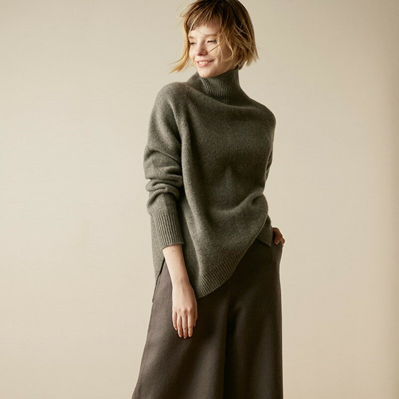 Suéter de cachemira para mujer, Jersey corto de cuello alto de color sólido salvaje, ropa de primavera, Jersey Suelto