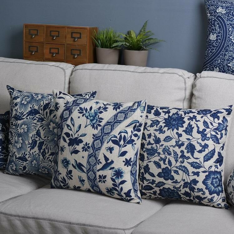 Polyester Bleu et Blanc Porcelaine Motif canapé décor Taie d'oreiller Housse de coussin