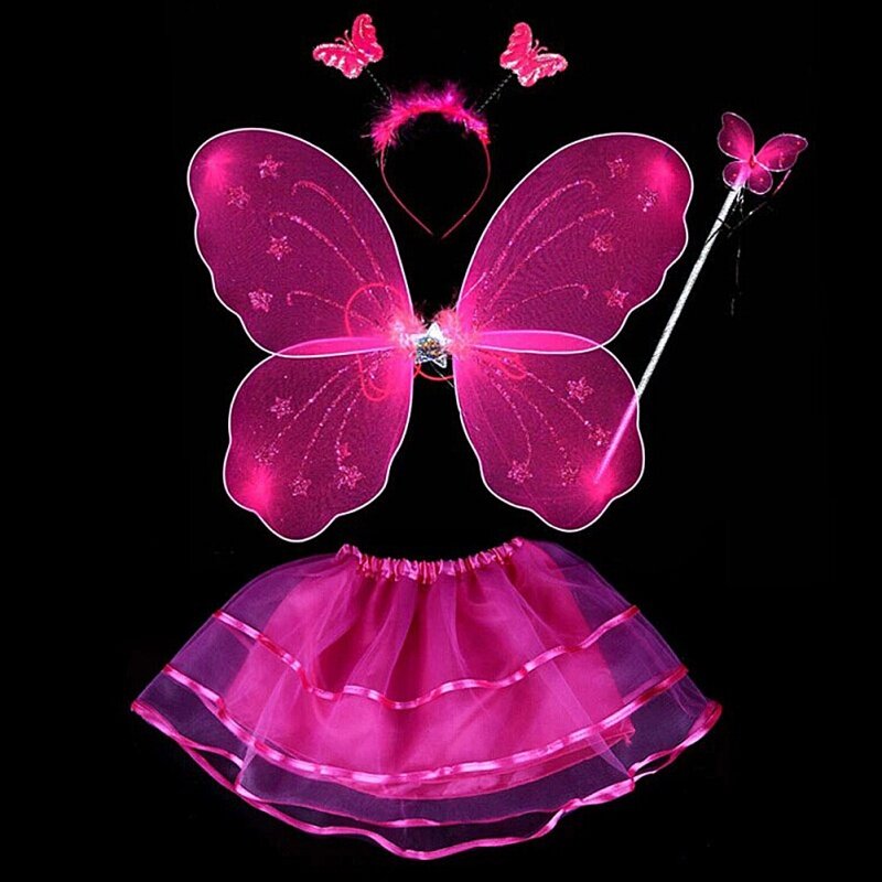 4 pezzi Costume da principessa fata imposta ragazze colorate abbigliamento da palcoscenico farfalla ali bacchetta fascia Tutu gonna