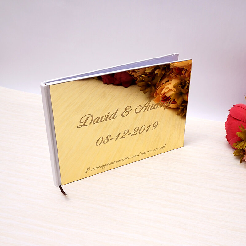 Buku Tamu Tanda Tangan Kustom Pernikahan 25X18Cm Dipersonalisasi Album Foto Tanda Tangan Pesta Kosong Putih Cermin Akrilik
