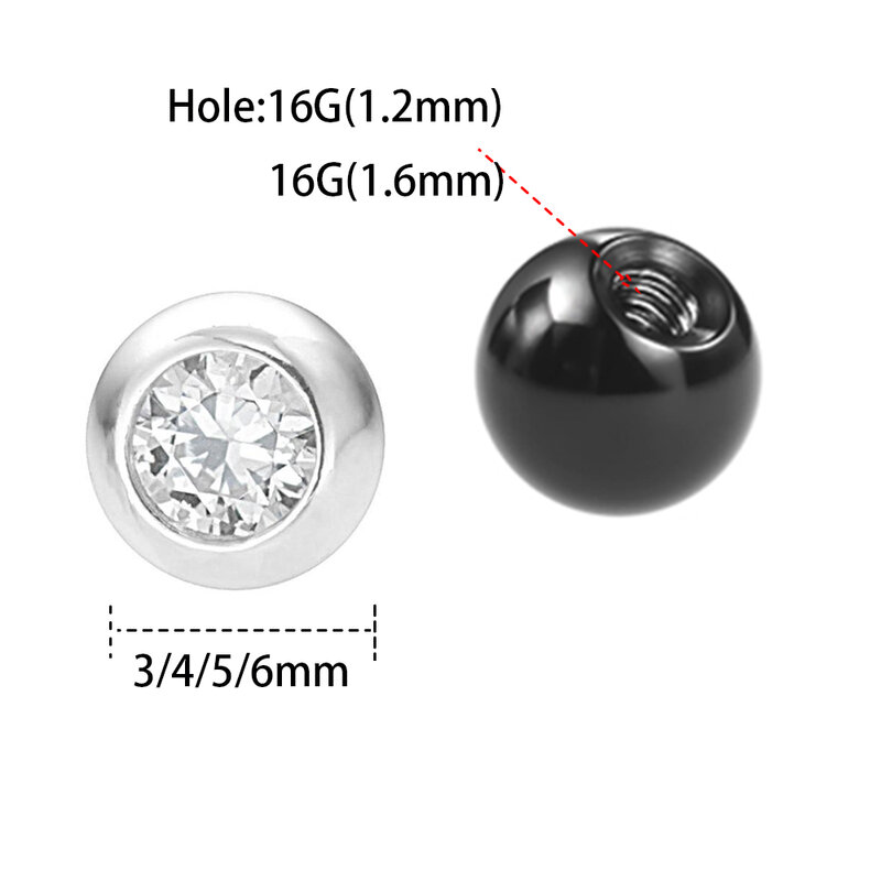 Boule de piercing de rechange en zircone cubique, 3-5mm, filetage externe, or, calibre 16G/14, bijoux, 5 pièces/lot