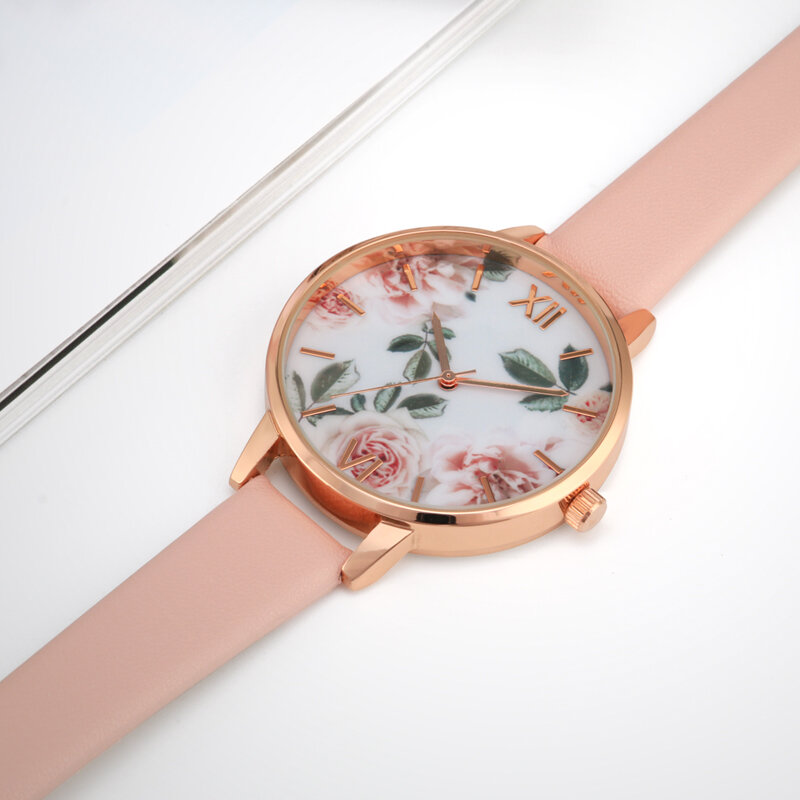 Relógio feminino com rosas e movimento japonês rosa fashion design para presente de casamento