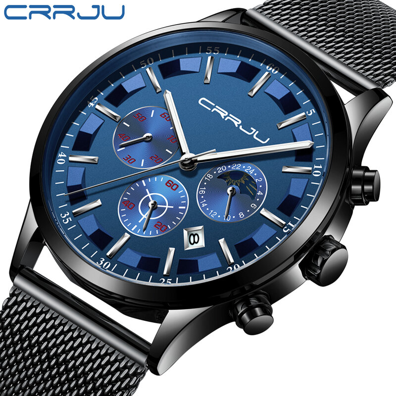 CRRJU New Men Fashion Multi-Function Chronograph Watch Mesh Band Waterproof Stopwatch Casual Stopwatch Relogio Masculino