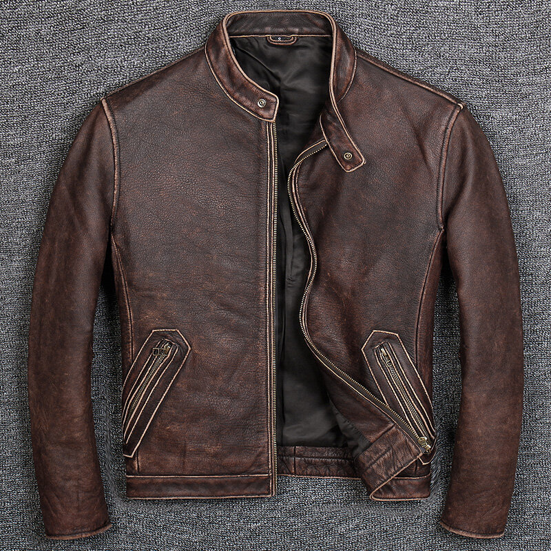 แบรนด์คลาสสิกสบายๆสไตล์ Cowhide Jacket,Mens 100% ของแท้หนังเสื้อผ้า Vintage คุณภาพหนัง Biker Coat