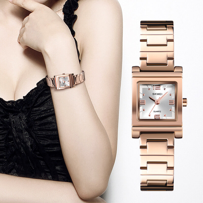 Skmei novo relógio feminino de marca luxuosa, relógio de quartzo de aço para mulheres com cristais da moda, relógio de pulso feminino