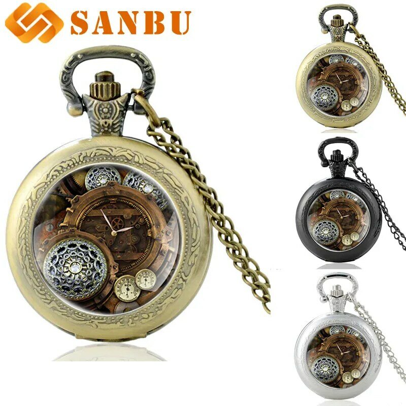 Relógio de bolso steampunk de bronze antigo do vintage das mulheres dos homens esqueleto punk pingente colar relógios quartzo