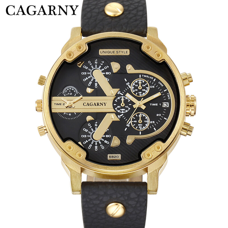 Cagarny marca de luxo relógio de pulso dos homens ouro quartzo relógio de couro dos homens do esporte relógios dupla exibição militar relogio masculino xfcs