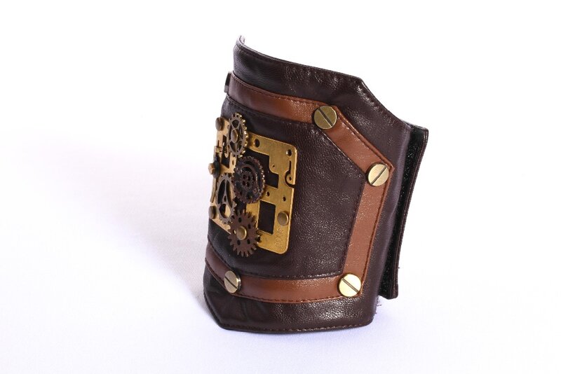RQ Series Steampunk Gothic Women Wristband Coffee PU Leather Wristlet For Ladies Arm Sleeve With Gear And Button