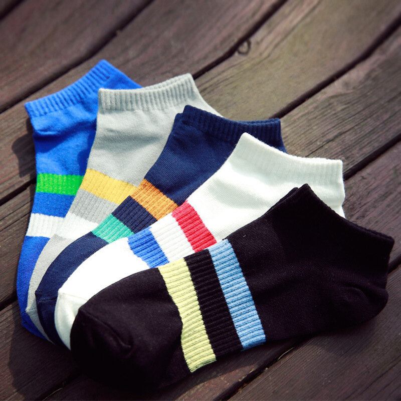 Calcetines tobilleros de algodón para hombre, calcetín informal, transpirable, a rayas, Invisible, 5 par/lote