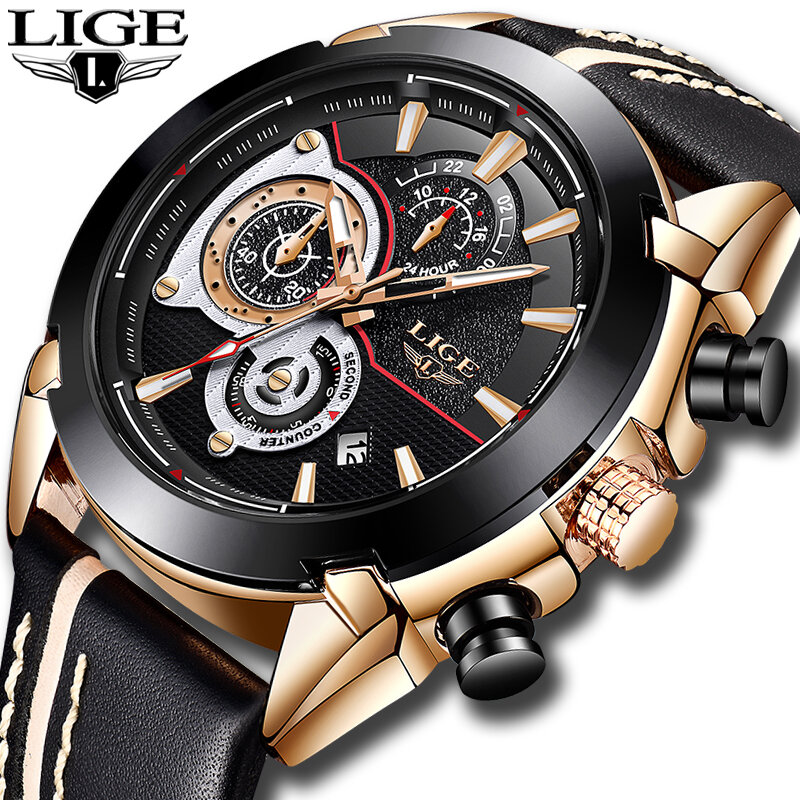 LIGE Mens Watches Top Brand Luxury Quartz Gold Watch Men Casual Leather Military Waterproof Sport Wrist Watch Relogio Masculino
