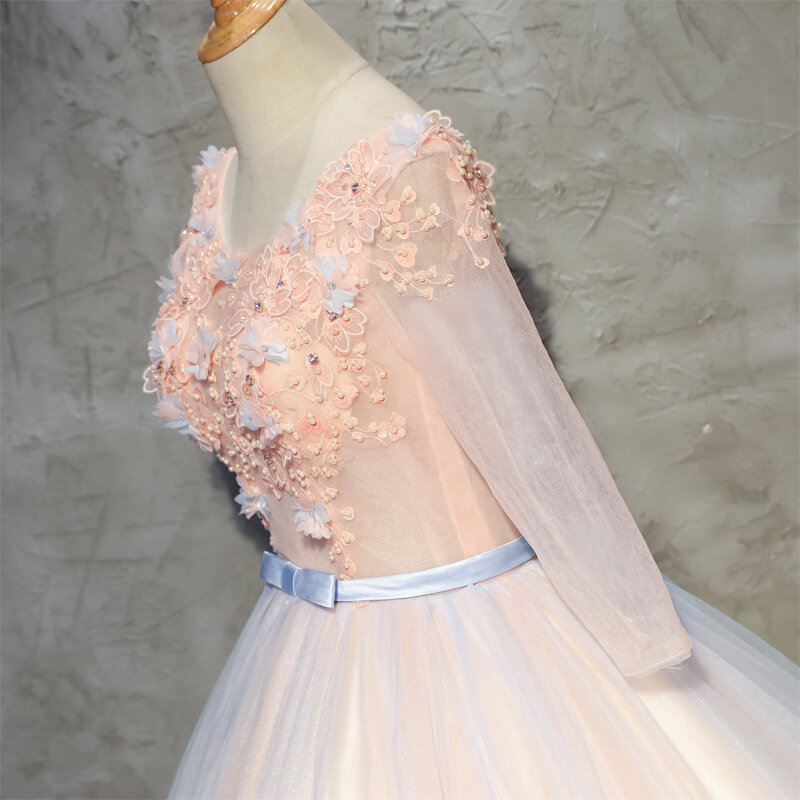 Long Sleeve Peach Quinceanera Dresses Scoop Tulle With Lace Ball Gown Puffy Vestidos De 15 Anos Vestido Quinceanera