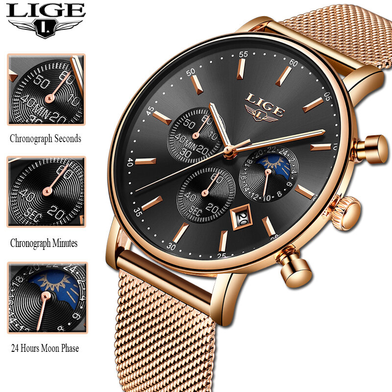LIGE-Reloj de pulsera de cuarzo para mujer, nuevo accesorio de oro rosa de lujo, marca de moda, regalo, 2022