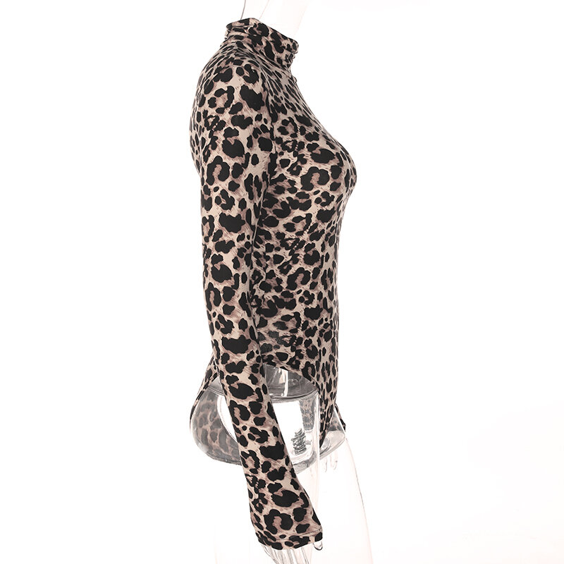 Weekeep – combinaison léopard Sexy pour Femme, moulante, col roulé, manches longues, courte, barboteuse, une pièce