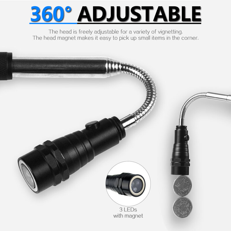 Magnetic LED flashlight Portable Torch Flexible Head Flashlight Torch with a Magnet Telescopic Flexible 3 LED Lamp Pick Up Tool