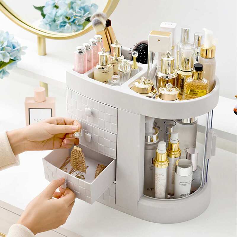 Armário de maquiagem 4 gaveta titular caixa de armazenamento transparente rotação janela batom organizador para cosméticos escova jóias