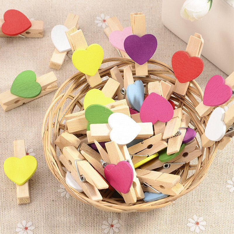 100 Mini drewniane Love Heart kołki papier fotograficzny klip ślub wystrój rzemioślniczy (mieszane)