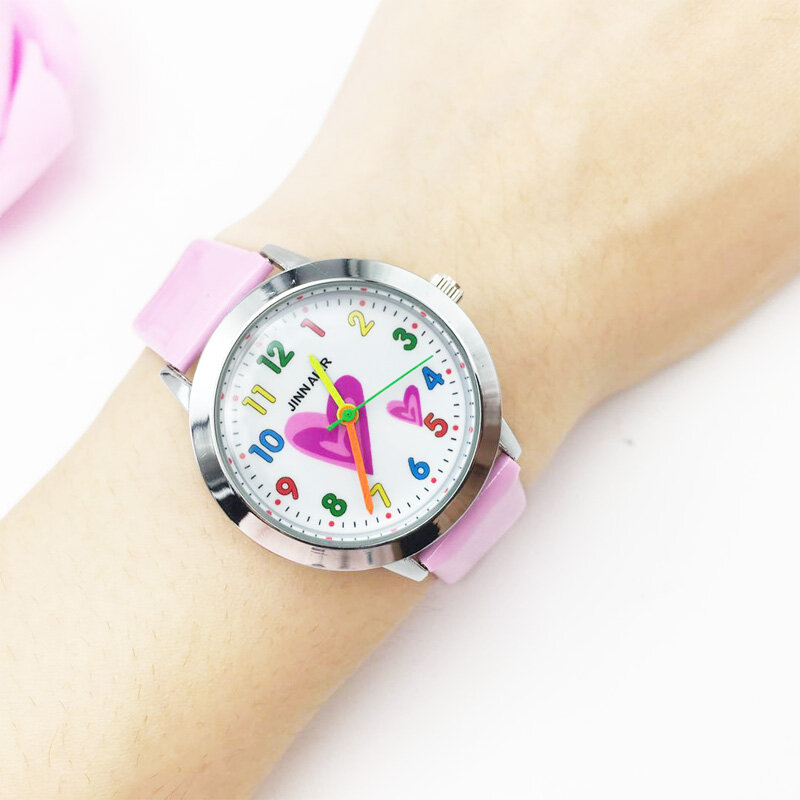 Relojes de moda para niños, relojes de cuarzo con dibujos animados de corazón y números coloridos, de cuero rosa para niñas, bonitos relojes de pulsera para estudiantes, hodinky para niños