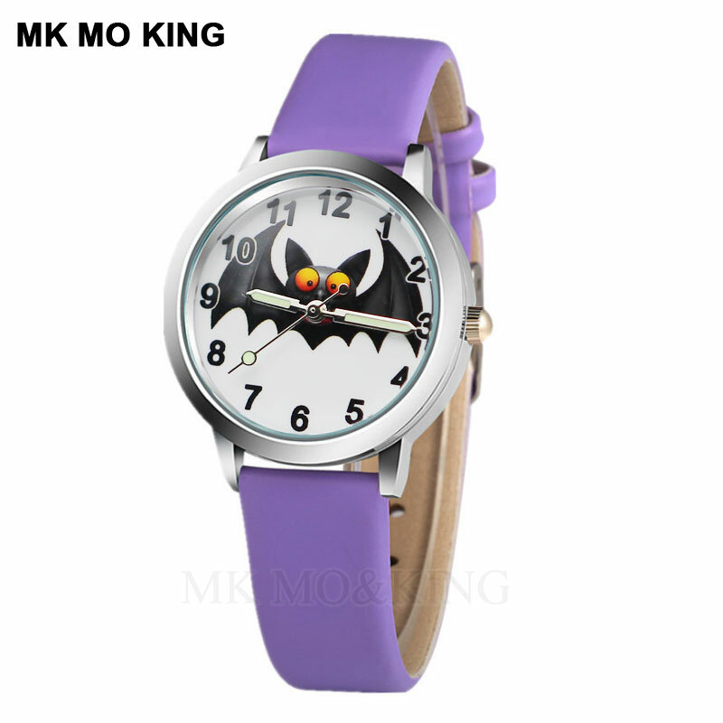 새로운 보라색 박쥐 실습 만화 어린이 시계 스타일, 색상 번호 다이얼, 어린이, 학생, 소녀용 가죽 쿼츠 시계, relojes