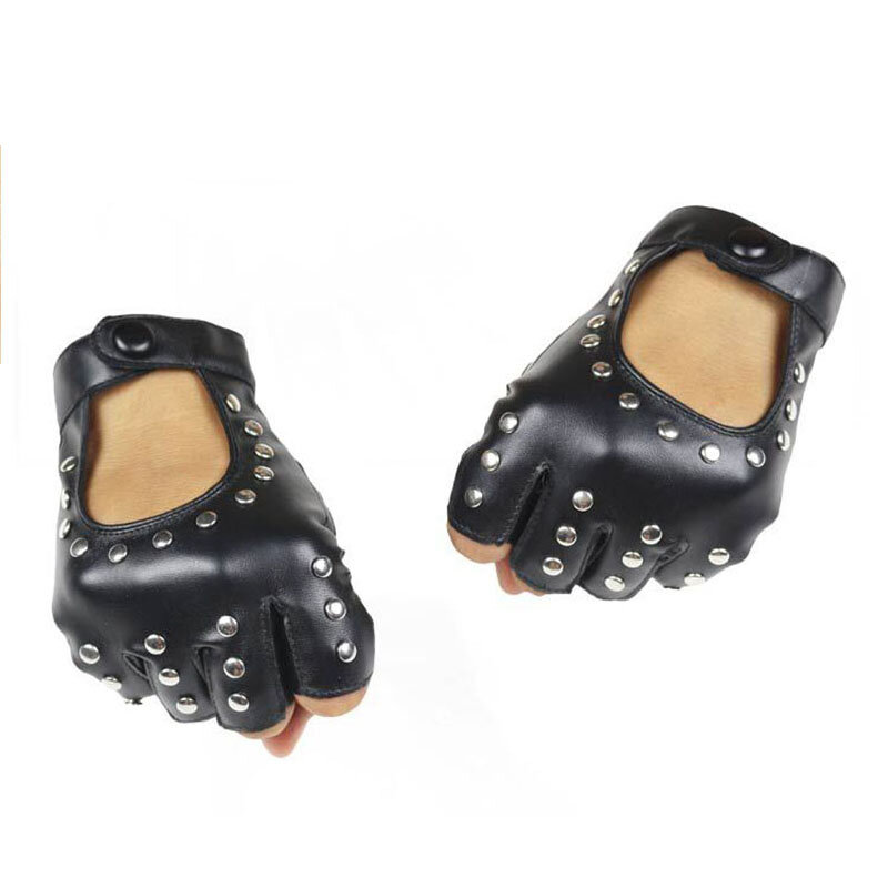 1Pair Fashion Half Finger Driving Gloves Breathable Women PU Leather Fingerless Gloves For Lady Black Women Rivet Dancing Luvas