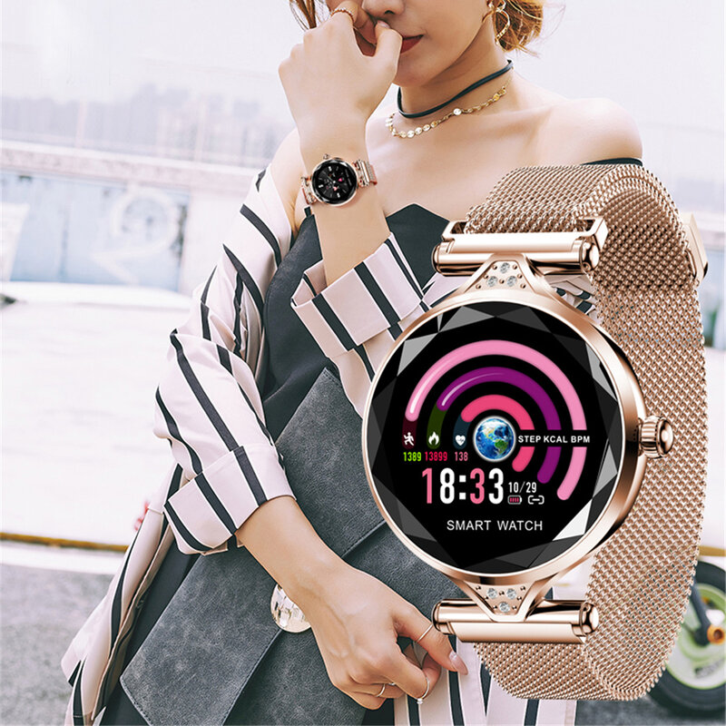 H1 relógio inteligente feminino fashion, monitor de frequência cardíaca, rastreador fitness, relógio inteligente feminino bluetooth, pulseira à prova d'água.