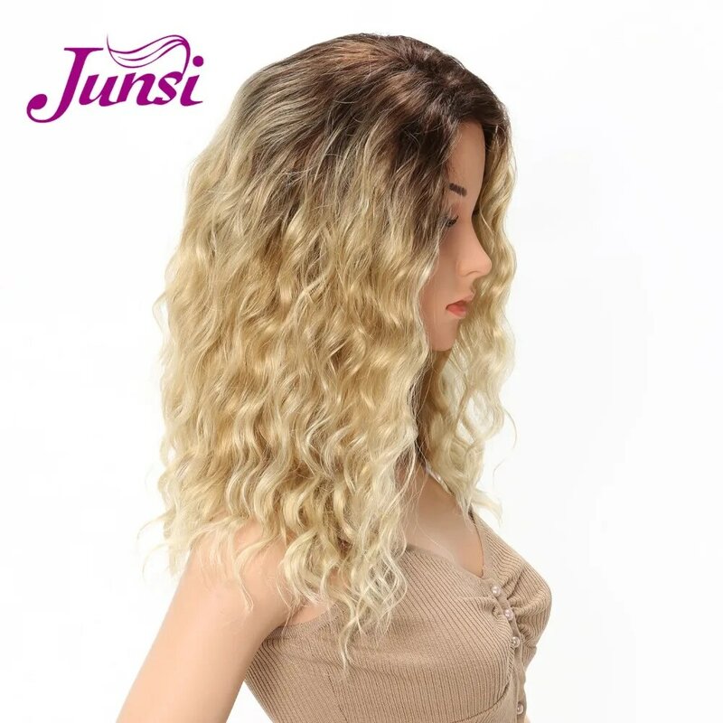 JUNSI-باروكة شعر مستعار صناعي ، تسريحة شعر قصيرة ، مظللة باللون الذهبي ، صناعة يدوية ، مقاومة للحرارة
