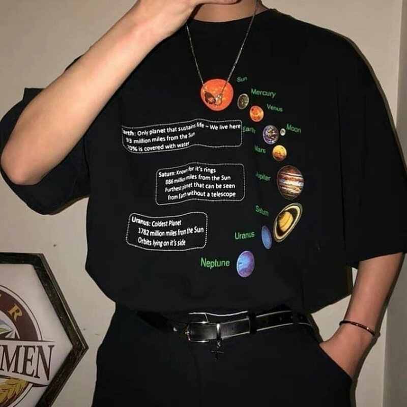 Zonnestelsel T-shirt Geek T-shirt Koreaanse Mode Oversized Tee Hipsters Grunge Stijl Shirt Pluto Tee Shirts Jupiter Saturn O-Nec