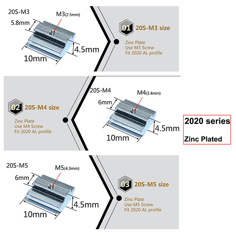 20pcs 2020 시리즈 m3 m4 m5 슬라이드 t 너트 티 슬라이딩 너트 너트 알루미늄 압출 프로파일 2020 sereis 슬롯 6mm