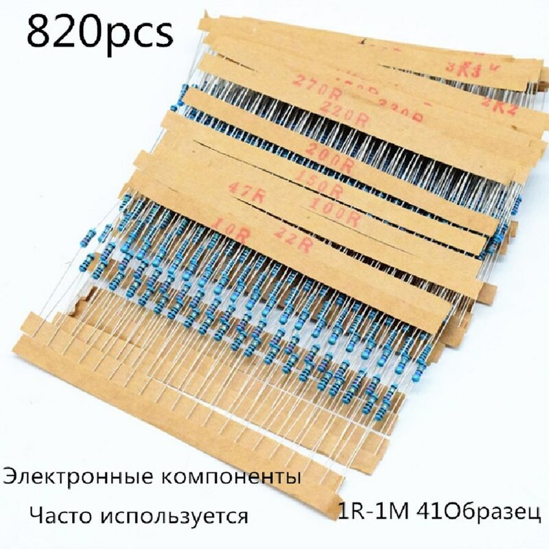 820pcs/Lot 41Values*20PCS 1% 1/4w Resistor Pack Set Diy Metal Film Resistor Kit Use Colored Ring Resistance (10 Ohms~1 M Ohm)