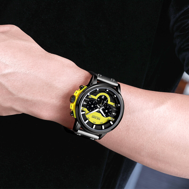 MEGIR 2019 модные синие часы Мужские кварцевые часы с металлическим ремешком многофункциональные спортивные мужские часы с календарем Лидирующий бренд класса люкс