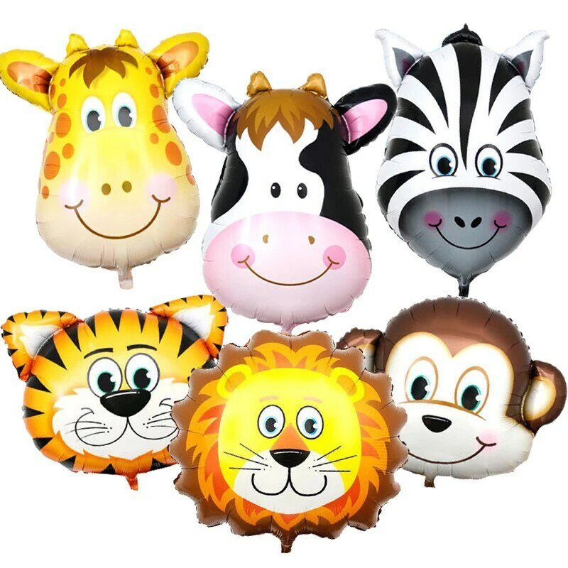 Balão cabeça de animal para decoração, balão metalizado para chá de bebê, aniversário, mini 6 animais, tigre, girafa, zebra, macaco, bovino