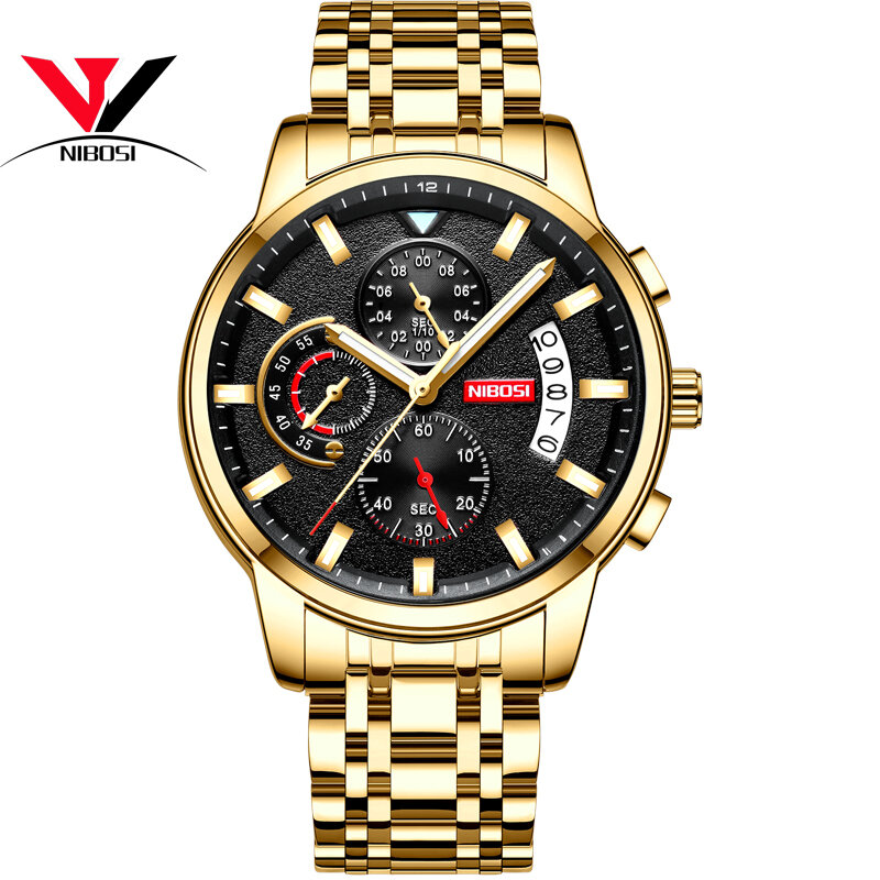 NIBOSI-reloj deportivo de lujo para hombre, cronógrafo de pulsera, resistente al agua, de acero inoxidable, color dorado, 2019