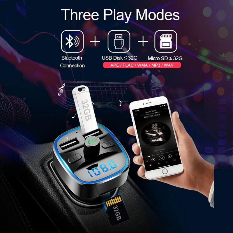 CDEN เครื่องส่งสัญญาณ FM Bluetooth 5.0 MP3เครื่องเล่นเพลง U Disk TF Card USB Car Charger fast Charging
