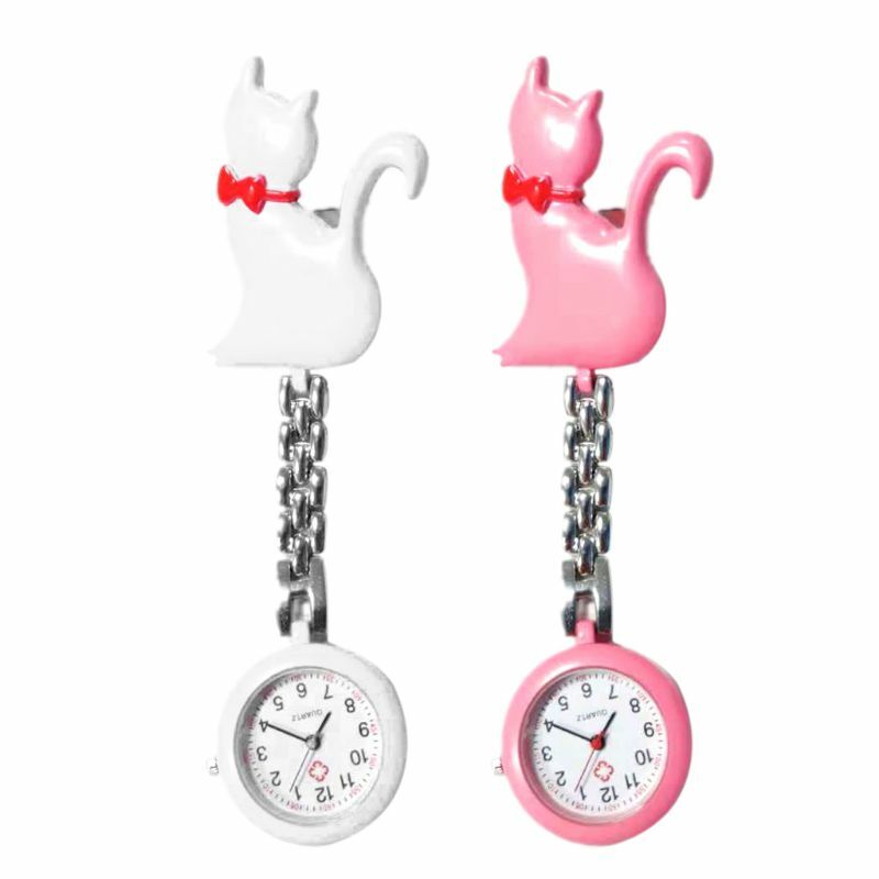 Relógio de quartzo pingente de prata, relógio de bolso feminino com pingente de gatinho