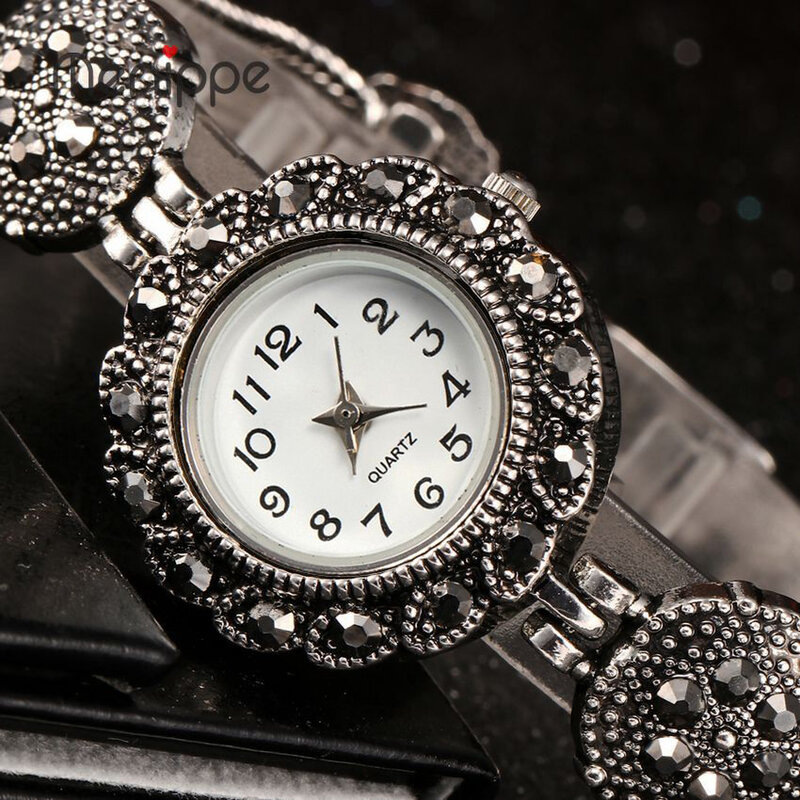Relógio feminino retrô pulseira, luxuoso, com strass, de quartzo, para mulheres