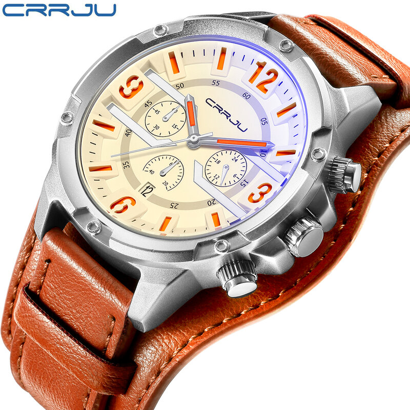 Часы CRRJU мужские спортивные с хронографом, брендовые роскошные водонепроницаемые повседневные кварцевые в стиле милитари