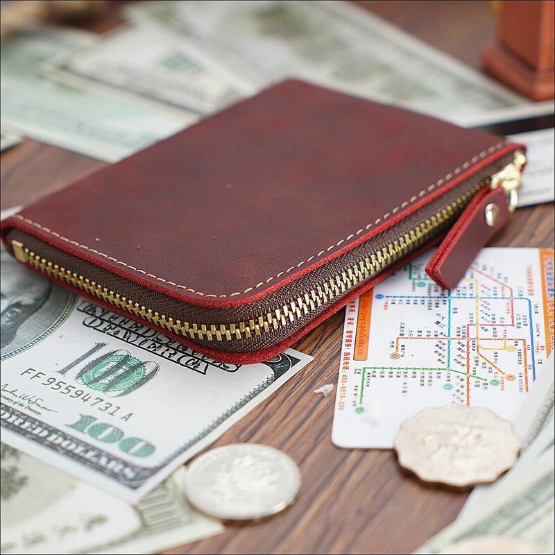 Porte-carte d'identité de crédit en cuir véritable porte-monnaie de mode Vintage petit portefeuille pochette fermeture éclair pince pour l'argent