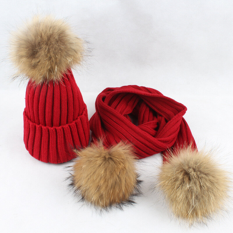 Зимний комплект из 2 предметов, женская зимняя шапка, шарф для девочек, шапка из натурального меха енота, помпоны, шапочки, детская шапка, вяз...