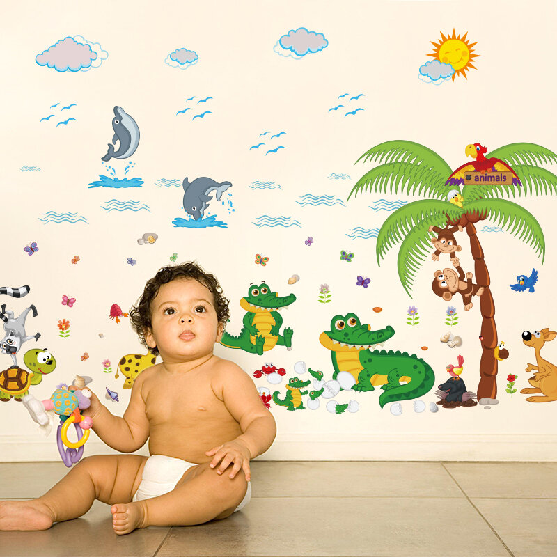 Crianças quarto bonito crocodilo adesivos de parede removível dos desenhos animados macaco árvore decalques de parede do quarto do bebê fotos